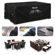 an outdoor table and chairs with black covers