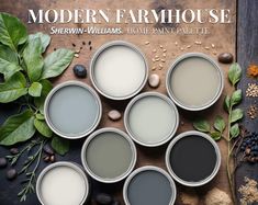 the cover of modern farmhousee shows six paint cans with different colors and ingredients around them