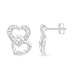 Capture a charming new style with the playful details of these diamond accent double interlocked heart stud earrings. Crafted in sterling silver Each earring showcases a heart-shaped outline shimmering with diamond accents and beaded details. A polished open heart interlocks at the bottom in a playful tilted design. These post earrings secure comfortably with friction backs. Peoples Jewellers, Heart Stud Earrings, Heart Studs, Open Heart, Heart Earrings Studs, Sterling Silver Earrings Studs, Earring Backs, Diamond Stone, White Metal