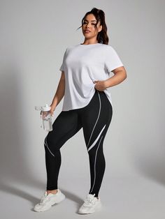 Plus Size Women's Simple Daily Short Sleeve Top And Long Pants Sports Suit Multicolor   Short Sleeve Fabric Graphic Leggings High Stretch  Women Plus Activewear, size features are:Bust: ,Length: ,Sleeve Length: Womens Plus Size Athletic Wear, Workout Clothes Plus Size Active Wear, Plus Size Workout Leggings, Plus Size Athlesuire, Gym Leggings Plus Size, Athlesure Plus Size, Workout Clothes For Plus Size, Nike Leggings Plus Size, Clothes For Plus Size Women