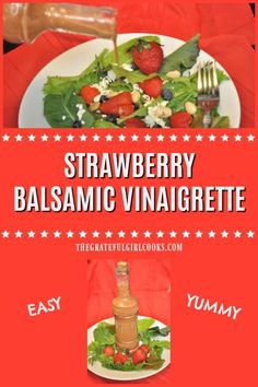 strawberry balsamic vinaigrete is being poured onto a plate with salad