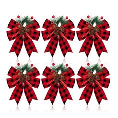 six red and black buffalo plaid bows with pine cones on each bow, set against a white background