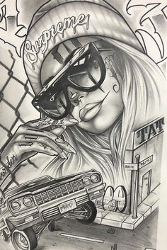 a drawing of a girl with sunglasses and a hat holding a car in her hand