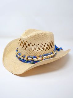 Coastal Cowgirl Natural Straw Hat - Blue - Serei Swim Blue Western Straw Hat For Summer, Western Blue Straw Hat For Summer, Blue Summer Hats For Country Events, Western Style Blue Straw Hat For Summer, Blue Wide Brim Straw Hat For Rodeo, Blue Western Hat For Vacation, Blue Country Style Summer Hat, Casual Blue Hat Bands For Festivals, Coastal Blue Hat For Vacation