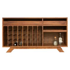 a wooden shelf with wine bottles on it