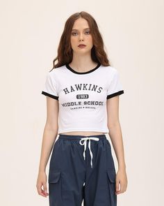 Model (WearingXS):•Â?/span>Height: 174cm | Bust: 80cm | Waist: 60cm | Hips: 89cm | Shoes: 38cmDetails: White T-shirt with Hawkins letter printsTop Length: NormalSleeve Length: Short SleevesMaterials:95% Polyester + 5% Spandex Cropped Short Sleeve Letter Print T-shirt For College, Cropped Short Sleeve T-shirt With Letter Print For College, Short Sleeve Cropped T-shirt With Letter Print For College, Cropped Letter Print T-shirt For College, Fitted Retro T-shirt With Logo Print, Cropped Crew Neck T-shirt With Graphic Print For College, Graphic Print Cropped Cotton T-shirt For College, Graphic Print Cotton Cropped T-shirt For College, Cropped Cotton T-shirt With Short Sleeves