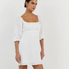 This Babydoll Dress Is Perfect For Summer, And The Puffy Sleeves Add An Extra Flirty Touch! Could Be Perfect For A Bride To Be. Sleeves Can Be Worn Long, Or Rolled Up (As In The Picture) This Dress Has Never Been Worn, With Tags Still On, As It Was Too Small For Me! 100% Linen, Invisible Zip Closure At The Back. Feminine Solid Mini Dress For Daywear, Flirty Mini Dress For Daywear, Flowy Square Neck Mini Dress For Daywear, White Flowy Mini Dress With Square Neck, Solid Mini Dress For Daywear, White Puff Sleeve Flirty Dress, White Flirty Mini Dress With Puff Sleeves, White Flirty Dress With Puff Sleeves, Flirty Flowy Mini Dress For Daywear