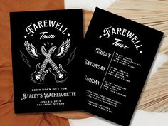 two black and white concert ticket cards with guitars on them, one has the words farewell tour