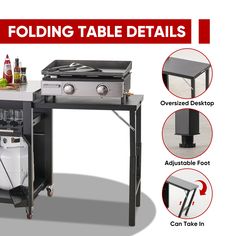 an outdoor bbq grill with the instructions for folding table details