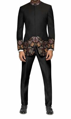 Handwork Black  Jodhpuri Suit with Intricate Multi Color Work Wedding Wear Grooms Wear And Prom Style : Slim-Fit Fabric : Imported Premium Color : Black Slit Detail : Double Slit Wash Type : Dry Cleaning The suit is for wedding, Party ,Dinner, Proms, and Etc ✧ Suit comes fully stitched, ready to wear and packed in our branded suit cover to ensure minimal wrinkles. ✧ As all our products are handmade and made by several artisans and the product go thru several hand-processes. There could be little Black Jodhpuri, Indian Formal Wear, Indian Wedding Clothes For Men, Wedding Party Dinner, Formal Attire For Men, Mens Indian Wear, Mens Wedding Suits, Jodhpuri Suit, Kemeja Lelaki