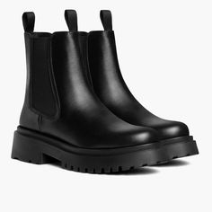 Women's Legend Platform Chelsea Boot In Black Leather - Thursday Black Loafers Men, Platform Chelsea Boots, Heeled Chelsea Boots, Black Platform Boots, Pointed Toe Boots, Slip On Boots, Black Chelsea Boots, Pull On Boots, Pink Adidas