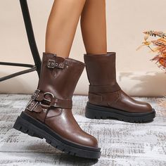 Metal Decor Platform Ankle Boots Women Autumn Black Thick Bottom Short Botas Woman Plus Size 43 Pu Leather Motorcycle Shoes Harajuku Dress, Motorcycle Shoes, Ankle Boots Women, Womens Sweatshirts Hoods, Retro Tops, Platform Ankle Boots, 2023 Autumn, Brown Shoe, Boots Women