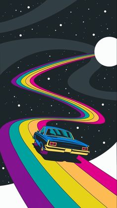 a car driving down a rainbow colored road under a full moon and star filled sky