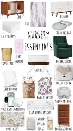 the nursery essentials list is shown in black and white, including baby crib bedding