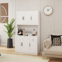 a living room filled with furniture and a clock on the wall