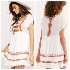 Nwt Free People Sunrise Wanderer Mini Dress Beautifully Detailed Embroidery In Rich Colors Stands Out At The Yoke And Hem Of A Breezy Boho-Chic Mini Dress Designed With A Slim Keyhole At The Back. Xs=0-2, S=4-6, M=8-10, L=12-14 -Jewel Neck - Cap Sleeves - Back Keyhole Cutout With Button-Loop Closure - Side Pockets - Embroidered Bib And Hem Detail - Lined Skirt - Approx. 33" Length (Size S) - Imported New With Tags Size M B35 Spring White Mini Dress With Embroidered Hem, Summer White Mini Dress With Floral Embroidery, White Embroidered Hem Mini Dress For Spring, White Mini Dress With Embroidered Hem For Spring, White Embroidered Beach Dress With Embroidered Hem, White Embroidered Mini Dress For Spring, White Floral Embroidery Summer Mini Dress, White Embroidered Hem Dress For Beach, White V-neck Embroidered Dress For Summer