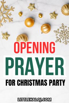 an open prayer for christmas party with gold ornaments and snowflakes