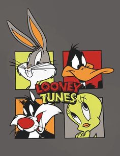 looney tunes with bugs and other cartoon characters in the background on a gray background