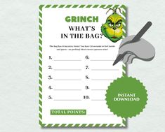 Grinch Themed Christmas Games, Grinch Themed Christmas Party Games, Grinch Games For Adults, Whats In The Bag Game, Grinch Party Games, Grinch Christmas Games, Grinch Brunch, Christmas Questions And Answers, Grinch Games