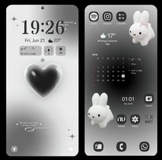 two iphone screens showing the date and time for each phone, with an image of a bunny holding a heart