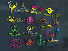 the logos for yoga and health products are displayed on a dark background with an image of a woman doing yoga