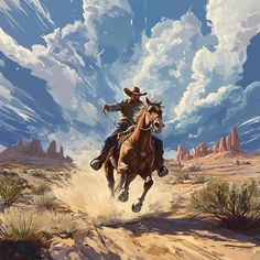 two cowboys riding horses through the desert under a cloudy blue sky with fluffy white clouds