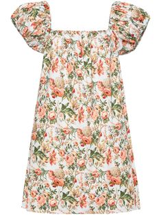 blue/multicolour cotton poplin texture all-over floral print gathered detailing square neck short puff sleeves straight hem thigh-length unlined Cotton Mini Dress, Versace Outfit, Cotton Midi Dress, Red Midi Dress, Blue Midi Dress, Green Orange, Floral Print Dress, Cotton Poplin, Puff Sleeves