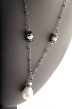 "South sea shell baroque pearl drop 13x20mm, round Rhinestone Roundel gunmetal black chain minimalist beautiful pearl 17\" necklace plus 2\" Extension, gift for her" Elegant Gunmetal Metal Jewelry, Elegant Baroque Pearl Jewelry, Elegant Teardrop Pendant Necklace With Lobster Clasp, Elegant Baroque Pearl Necklace With Lobster Clasp, Elegant Metal Pearl Drop Necklace, Elegant Teardrop Drop Necklace With Lobster Clasp, Elegant Metal Necklace With Pearl Drop, Elegant Metal Necklaces With Pearl Drop, Elegant Gunmetal Jewelry For Jewelry Making