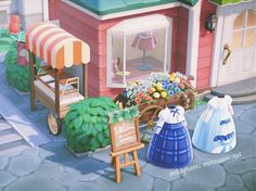 an animated image of a store front with flowers in the window and clothes on display