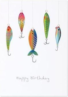 a birthday card with colorful fish hanging from hooks