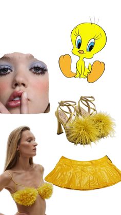 a woman wearing yellow clothes and accessories with her tongue out, the image shows a cartoon character