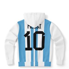 Sports fans will love this Messi Hoodie, based on the iconic Argentina Soccer Jersey N. 10. It's a stylish way to show your support for one of the greatest soccer players of all time. This fashionable hoodie offers a comfortable fit with long-lasting durability for everyday wear. • 20% cotton, 75% polyester, 5% spandex• Unisex fit• Soft cotton hand-feel fabric surface• Brushed fleece fabric on the inside• High definition printing colours• Double layer hood• Kangaroo pocket Shipping from China (a Argentina Soccer, Soccer Jersey, Soccer Players, Fleece Fabric, Kangaroo Pocket, All Time, Double Layer, High Definition, All About Time