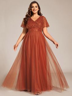 Plus Size Short Sleeves Sequin V-Neck Formal Evening Dress with Tulle #color_Burnt Orange Ethereal Elegance, Dress With Tulle, Sequin Formal Dress, Burnt Orange Dress, Tulle Evening Dress, Formal Evening Dress, A Line Shorts, Floor Length Gown, Elegant Dresses Long