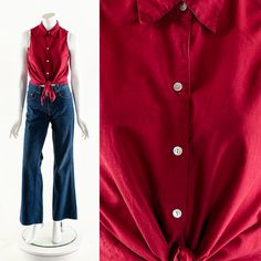 "- Vintage Minimal Button Up Linen Top - 90s Linen Sleeveless Top - Sleeveless Red Button Up - White Front Button Closure Fits like: XS-S Material: Linen, Cotton Condition: Excellent Clipped on Mannequin: No ✂ SIZE + FIT ✂ Length: 27.5\" / 70 cm Shoulders, Seam to Seam: 12\" / 30 cm Bust: 36\" / 91 cm Waist: 36\" / 91 cm All measurements are taken with garment lying flat. ALWAYS refer to measurements as vintage sizes run can vary greatly from todays modern sizes. We recommend comparing measureme Retro Red Sleeveless Tank Top, Vintage Red Sleeveless Top, Red Sleeveless Retro Vest, Red Vintage Vest For Summer, Red Vintage Summer Vest, Vintage Red Vest For Summer, Retro Red Sleeveless Vest, Vintage Sleeveless Buttoned Tops, Vintage Sleeveless Tops With Button Closure