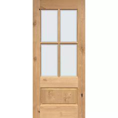 a wooden door with three panes and glass on the top half, against a white background