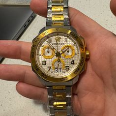 Rare Two-Tone Versace Chronograph Watch Brand New With The Plastic And Price Tag Still On It Original Price Or Msrp: $1795 You Cannot Find This Watch In This Colorway Anywhere Was A Display Case Item At A Luxury Department Store Does Not Include Original Box But I Will Include A Black Vegan Leather Watch Box I Record The Boxing Of All Items! Luxury Silver Diamond Watch With Tachymeter, Silver Diamond Watch With Tachymeter, Timeless Silver Diamond Watch With Tachymeter, Luxury White Gold Chronograph Watch With Round Dial, Silver Luxury Chronograph Watch, Luxury Silver Chronograph Watch, Luxury White Gold Chronograph Jewelry And Watches, Designer Silver Diamond Watch With Subdials, Luxury Silver Chronograph Watch With Subdials