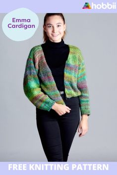 a woman wearing a colorful knitted cardigan with the text, free knitting pattern