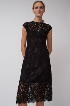 No.6 Erika Dress in Black Lace Elegant Midi Lace Dress With Contrast Lace, Elegant Midi Length Lace Dress With Contrast Lace, Elegant Lace Midi Dress With Contrast Lace, Formal Midi Lace Dress With Scalloped Lace, Formal Midi Dress With Contrast Lace, Short Sleeve Lace Dress With Lace Back, Elegant Midi Dress With Lace Back, Sheath Lace Dress With Lace Trim For Evening, Evening Lace Dress With Lace Top And Midi Length