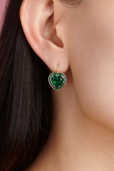 Make a statement day or night. These earrings add the perfect amount of sparkle to any occasion. Customize with your choice of heart-shaped colored lab-created gemstones and matching colored enamel. Elegant Enamel Heart Cut Jewelry, Elegant Heart Cut Enamel Jewelry, Elegant Enamel Heart Pendant Jewelry, Elegant Green Heart Cut Earrings, Elegant Heart-shaped Enamel Earrings, Formal Green Heart-shaped Earrings, Elegant Enamel Heart Earrings For Gift, Elegant Heart Enamel Earrings For Gift, Elegant Green Earrings With Heart Charm