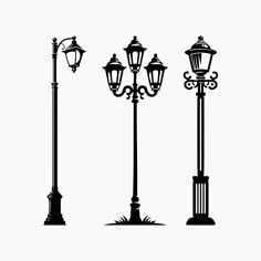 three street lamps and one lamppost are shown in black on a light gray background