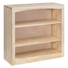 a wooden book shelf with three shelves on one side and two open spaces on the other