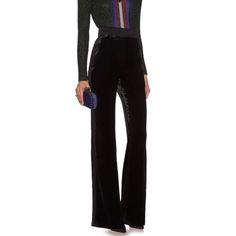 Brand New With Tags Sonia Rykiel Black Velvet Tuxedo Trousers. High Rise And Wide Leg. Size 38fr. Sold Out On Matchesfashion.Com Designer Fitted Formal Pants, Designer Fitted Pants For Work, Designer Fitted Formal Bottoms, Designer Fitted Bottoms For Formal Occasions, Designer Fitted Evening Pants, Designer Fitted Evening Bottoms, Designer Fitted Pants For Evening, Chic Tailored Party Pants, Chic Tailored Pants For Party