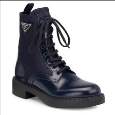 Brand New Prada Boots Size 7 Dark Navy, Looks A Little Black Box, Authentication Card, And Shoe Bags Included Retails For $1420 Prada Boots, Prada Triangle, Leather Combat Boots, Heeled Rain Boots, High Heel Rain Boots, Shoe Bags, Lingerie Bag, Prada Leather, Shoe Boot Sandals