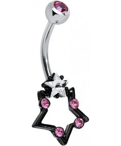 a black and white star belly ring with pink crystals