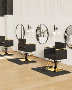 a salon with chairs and mirrors on the wall next to eachother's hair