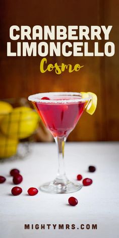 the cranberry limocello cosmo cocktail is garnished with cherries