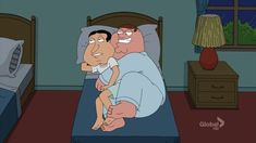 a man holding a child while sitting on top of a bed in a cartoon style room