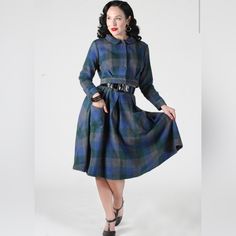 The Perfect Vintage Pleated Separate Is Back! The Belmont Skirt Has Envelope Front Pockets And A Two-Inch-Wide Waistband With Loops Which Allows This Skirt To Pair Perfectly A 2inch Pu Belt (Included). This Classic Swing Skirt Is Lined And Heavy Enough To Keep You Warm And Stylish All Winter Long. Product Details: Bestseller Wool-Like Synthetic Material Front Pockets Green And Blue Plaid Jacket Sold Separately Back Zipper Closure With Top Button 100% Poly Care Instructions: Dry Clean Fitted Belted Blue Skirt, Fitted Blue Belted Skirt, Blue Fitted Belted Skirt, Navy Tights, Grey Plaid, Plaid Jacket, Wide Waistband, Crop Jacket, Retro Dress