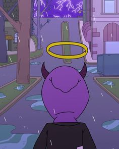 a cartoon character with an angel halo on his head in the middle of a street