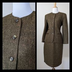 Beautiful vintage classic by Burberry's of London circa 1990s. Two piece set consists of a blazer and skirt ensemble. Both are made of a soft (non itch) wool tweed fabric in a fabulous olive tone and accented with with brown. Both are lined with silk in the interior. Blazer has 3 pockets and button closure down the front. Skirt zips and fastens from the back and features a tiny pocket in the front. In excellent condition!  Size 6. Fits a small to medium best. Please check measurements to ensure Olive Tone, Corduroy Overalls, Skirt Suit Set, Blazer And Skirt, Tweed Fabric, Mini Shirt Dress, Suit Set, Skirt Suit, Double Breasted Suit Jacket